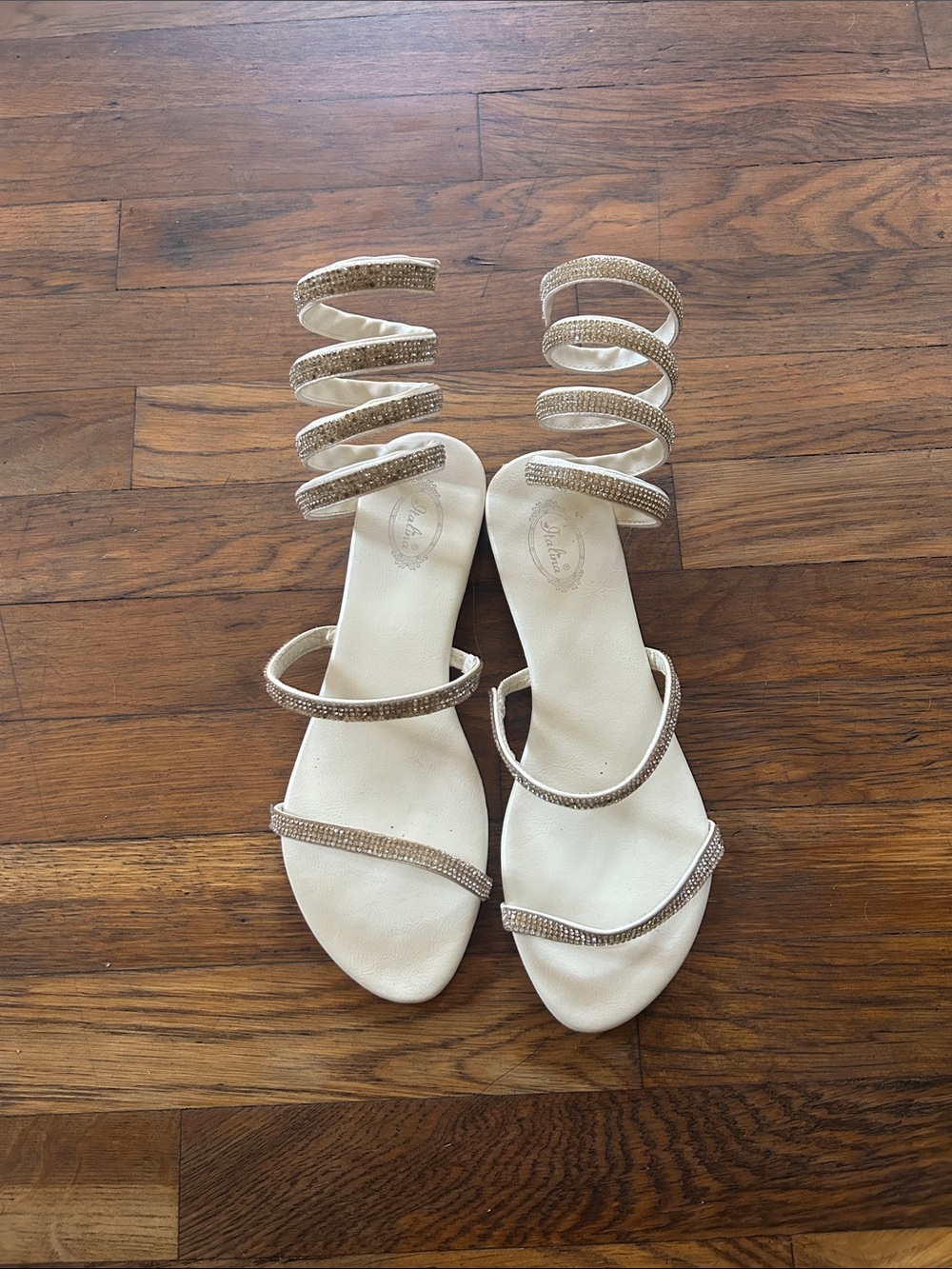 Elegant Spiral Strap Women's Sandals in Ivory with Rhinestones